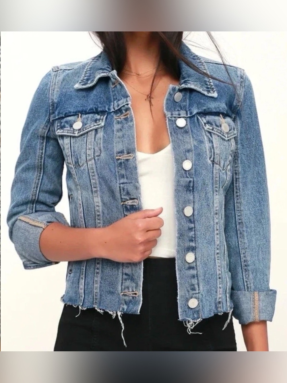 Blank NYC Women’s Blue Light Wash Raw Hem Denim Jacket Frayed Sz XS NWT